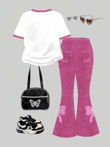 2 pièces Ensemble tee-shirt à manches courtes col rond avec motif nœud et patchwork de dentelle et pantalon skinny évasé pour fille préado, tenues d'été, confort facile, couches d'automne pour enfants, enfants élégants, tenues décontractées, vêtements graphiques pour enfants, rentrée scolaire, vêtements d'automne, bal des finissants