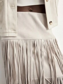 Maija 女士亚麻彩色流苏拼接设计修身休闲波西米亚风百搭半身裙，适合音乐节、西部风、波西米亚风、优雅四季皆宜的现代度假休闲时尚夏季外出毕业典礼等场合。 - 卡其色 - 查看 6