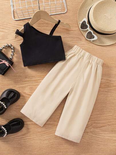 SHEIN 2-Pack Baby Girl Cute Versatile Casual Suspenders Black Solid Color T-Shirt And Khaki Straight Loose Trousers Set, Comfortable And Casual Versatile Fashion Everyday, Suitable For Birthday Parties, Evening Parties, Performances, Weddings, Baptisms, Opening Ceremonies Indoors And Outdoors, Daily Life, Sports, Play, Parties, Photo Shoots, Vacations, Festivals Suitable For Autumn And Winter Toddler Girl Two Piece Sets Two Piece Summer Set Toddler Two Piece Outfit Girls Summer Outfit