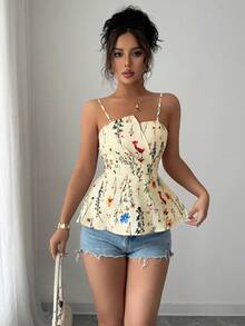Selianne 女士春夏碎花不对称下摆吊带露脐上衣 - 鵝黃色 - 查看 4