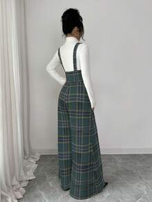 Elenzga Bộ jumpsuit nữ kẻ caro có túi, thời trang, đa năng, thích hợp cho kỳ nghỉ, với ống quần rộng. - Màu xanh lá cây đậm - Xem 2