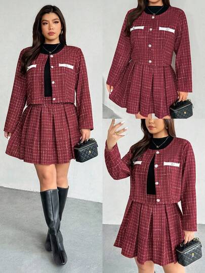 Firerie 大码女式格子长袖单排扣外套和百褶中长裙优雅两件套，秋季