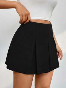 SHEIN PETITE CURVE Plus Size Women's Casual Solid Color Skirts - Black - View 4