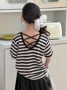 DAZY Young Girls Round Neck Striped Casual Short Sleeve T-Shirt Summer - Black and White - View 7