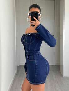 Jeanoix Y2K Women's Fitted Casual Sexy Versatile Denim Camisole Dress With Long Sleeves - Dark Wash - View 4