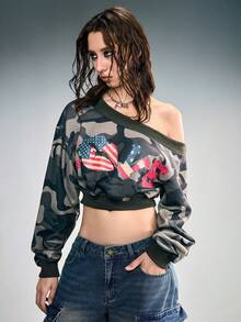 ROMWE Y2K Sexy Crop Top Oblique Shoulder Camouflage Print With Flag, Heart And Lip Graphic Sweatshirt For Women - Multicolor - View 4