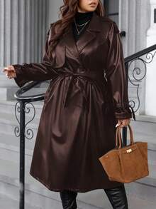 Gownix Plus Size Solid Color Lapel Double-Breasted Fashionable Versatile Warm Winter Jacket - Brown - View 6