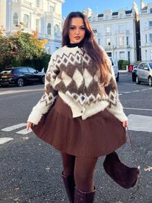 NegzBox 女士松紧腰休闲短款针织毛衣裙，咖啡棕色，秋冬 - 咖啡棕 - 查看 4