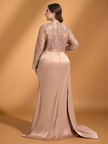 Coutiva 大码优雅秋冬圆领长袖刺绣亮片珍珠水钻装饰下摆拼接缎面鱼尾礼服，优雅派对鸡尾酒晚礼服，舞会礼服，适合婚礼宾客、毕业典礼、晚宴等场合。 - 香檳色 - 查看 3