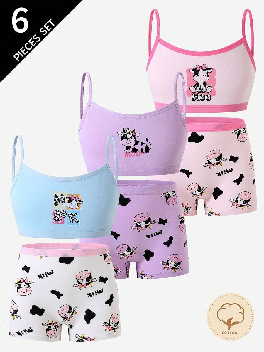 SHEIN Young Girls Bra And Panty Sets-Cute Cow Print Bra And Shorts Set Pink Purple Blue Strappy Tops Matching Boxer Briefs Roundneck Longsleeve Longpants Skirt Options Kids Underwear 6 Piece Pajama Loungewear Four Seasons New Year 2026 Essentials