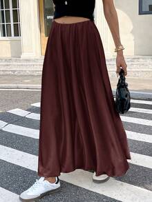 Serisse Women's Casual Solid Color Maxi Flared Skirt - Brown - View 13