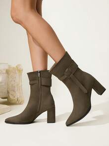 CUCCOO CHICEST 女士时尚百搭通勤粗跟中筒靴 - 軍綠色 - 查看 4