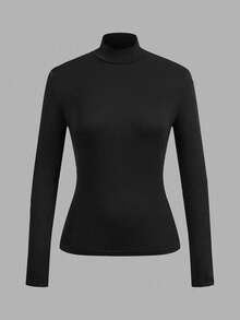 CurvyTilda 2pcs Plus Size Turtleneck Tight Fit Long Sleeve T-Shirts, Autumn/Winter, For Hourglass Body Shape - Black and White - View 3