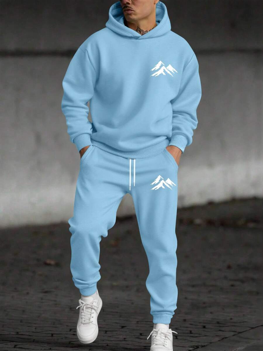 Manfinity Homme 2pcs Men's Mountain Landscape Print Casual Sweatshirt And Sweatpants Set, Fall/Winter Men Clothes - Baby Blue - View 1