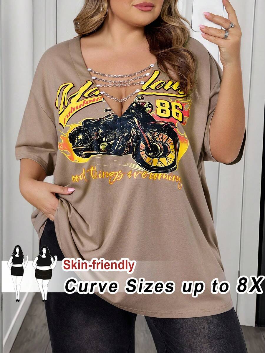 SHEIN CURVE+ Plus Size Women's Basic Solid Khaki Casual Retro Distressed Street Style Short Sleeve Top, Loose Punk Motorcycle Graphic Print T-Shirt With Metal Chain Decor, Versatile For Daily Wear/Music Festival/Club/Party - Khaki - View 1