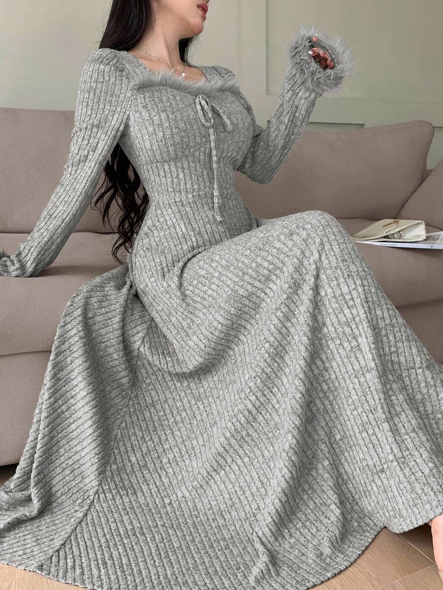 Feyla 女士优雅蓬松装饰长裙,秋冬款 - 灰色 - 查看 1