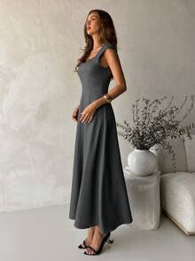 Aloruh 女士深V领褶皱腰身A字连衣裙，通勤友好型 - 灰色 - 查看 5