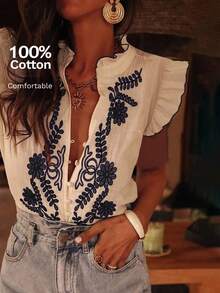 Serisse 女式法国 100% 纯棉蓝色花领刺绣盖袖衬衫蓝色青瓷印花蓝白印花夏季上衣女士夏季服装度假服装女士西部服饰 - 白色 - 查看 9