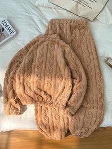 Franclia Bộ đồ ngủ nỉ chui đầu kiểu dáng tối giản thường ngày - Lạc đà - Xem 2