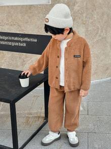 SHEIN 2pcs Boys Casual Fleece Long Sleeve Jacket And Pants Set - Khaki - View 1