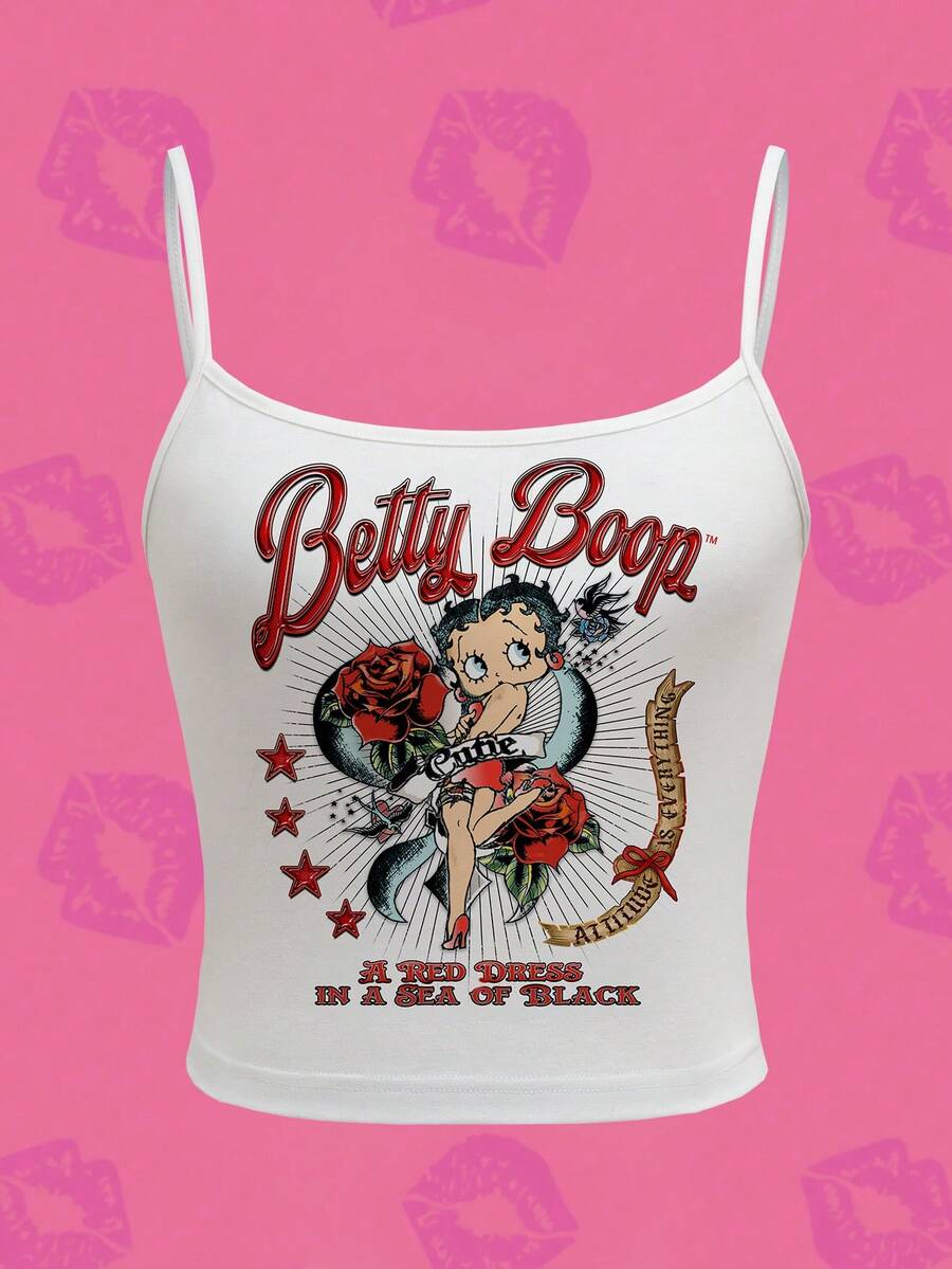 Betty Boop x SHEIN Camiseta de tirantes casual con patrón de figura de dibujos animados retro para mujer, versátil, para uso diario, para verano - Blanco - Ver 1