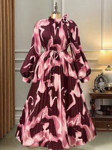 SHEIN Clasi 大码女式印花插肩袖褶皱优雅连衣裙 - 彩色 - 查看 1