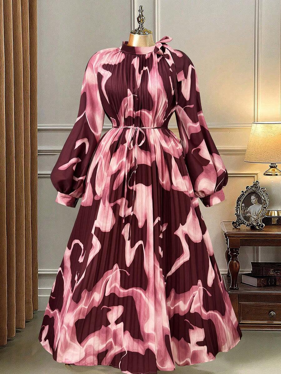 SHEIN Clasi 大码女式印花插肩袖褶皱优雅连衣裙 - 彩色 - 查看 1