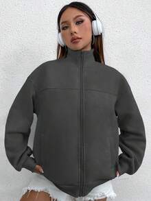 Flirla Áo sweatshirt nữ cổ đứng, màu trơn, kiểu dáng thường ngày, có khóa kéo, thích hợp cho mùa thu. - Màu xám đen - Xem 4
