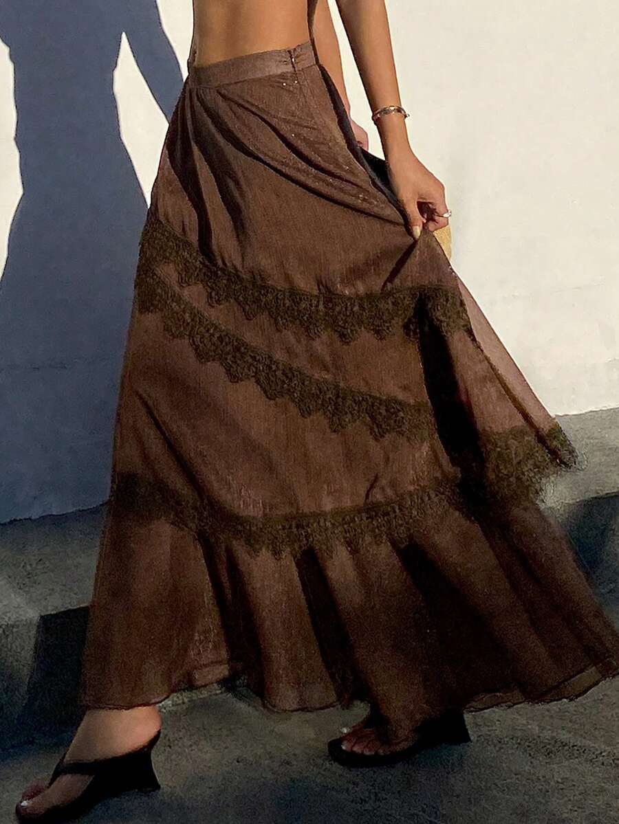 Livesso Fashionable Loose Casual Vacation Textured Lace Patchwork Flared Skirt, Spring/Summer - Brown - View 1