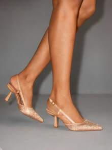 CUCCOO SZL Women's Fashion Rhinestone Decorated Backstrap High Heel Pumps For Christmas Spring Shoes - Champagne - View 8