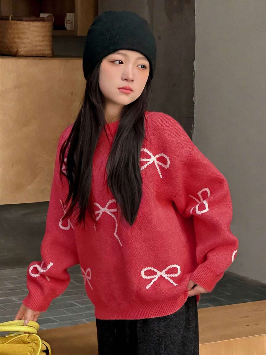 Dazy Kids 少女宽松圆领蝴蝶结印花长袖毛衣,秋季款 - 紅色 - 查看 1