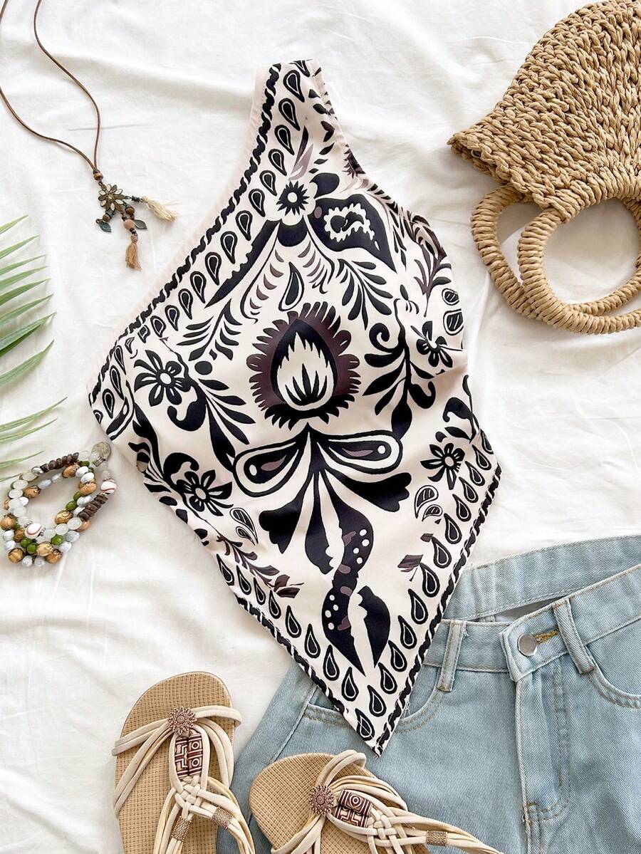 Soleia New Asymmetrical Shoulder Backless Blouse, Suitable For Party, Date, Valentine's Day, Easter, Carnival, Afternoon Tea, Beach Vacation, City Vacation, Bohemian, Boho, Romantic Floral,Carnival - Multicolor - View 1