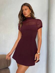 Aloruh 女士优雅高领修身短袖纯色酒红色迷你连衣裙 - 酒紅色 - 查看 3