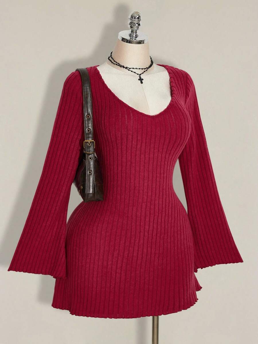 SHEIN ICON 女士复古极简V领喇叭袖毛绒罗纹黑色修身连衣裙,秋冬款 - 酒紅色 - 查看 1