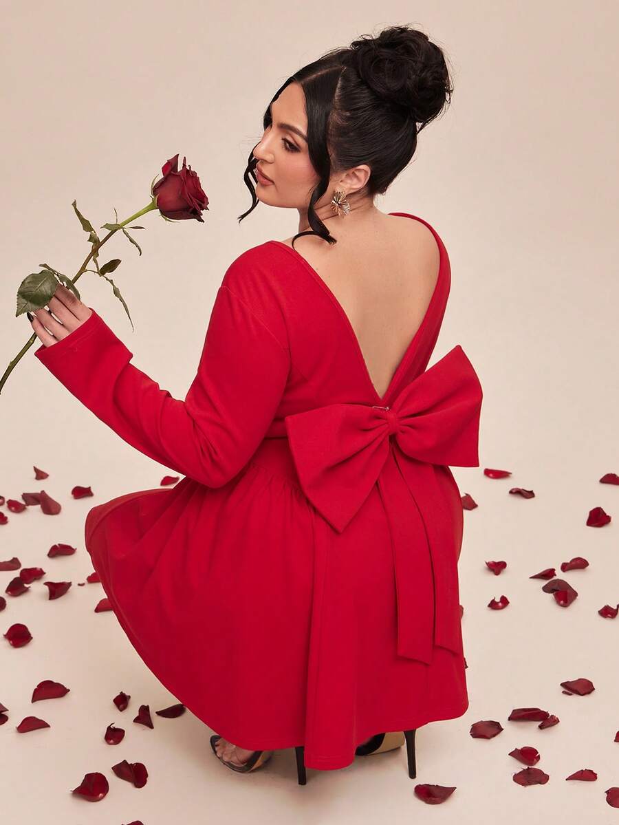 SHEIN BAE Đầm cỡ lớn xinh xắn với nơ đỏ, thích hợp cho ngày Valentine mùa xuân/hè. - Đỏ - Xem 1