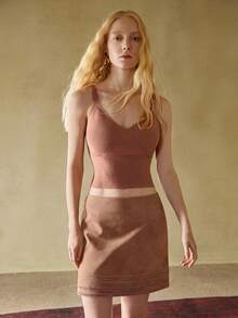 MOTF STUDIO 女士绳绣绒面革A字迷你裙 - 藕粉色 - 查看 2