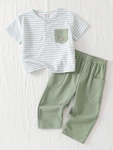 Infant Baby Boy Green Striped Pocket Dinosaur Embroidery Half-Open Chest Short Sleeve Pants Set - Army Green - View 5