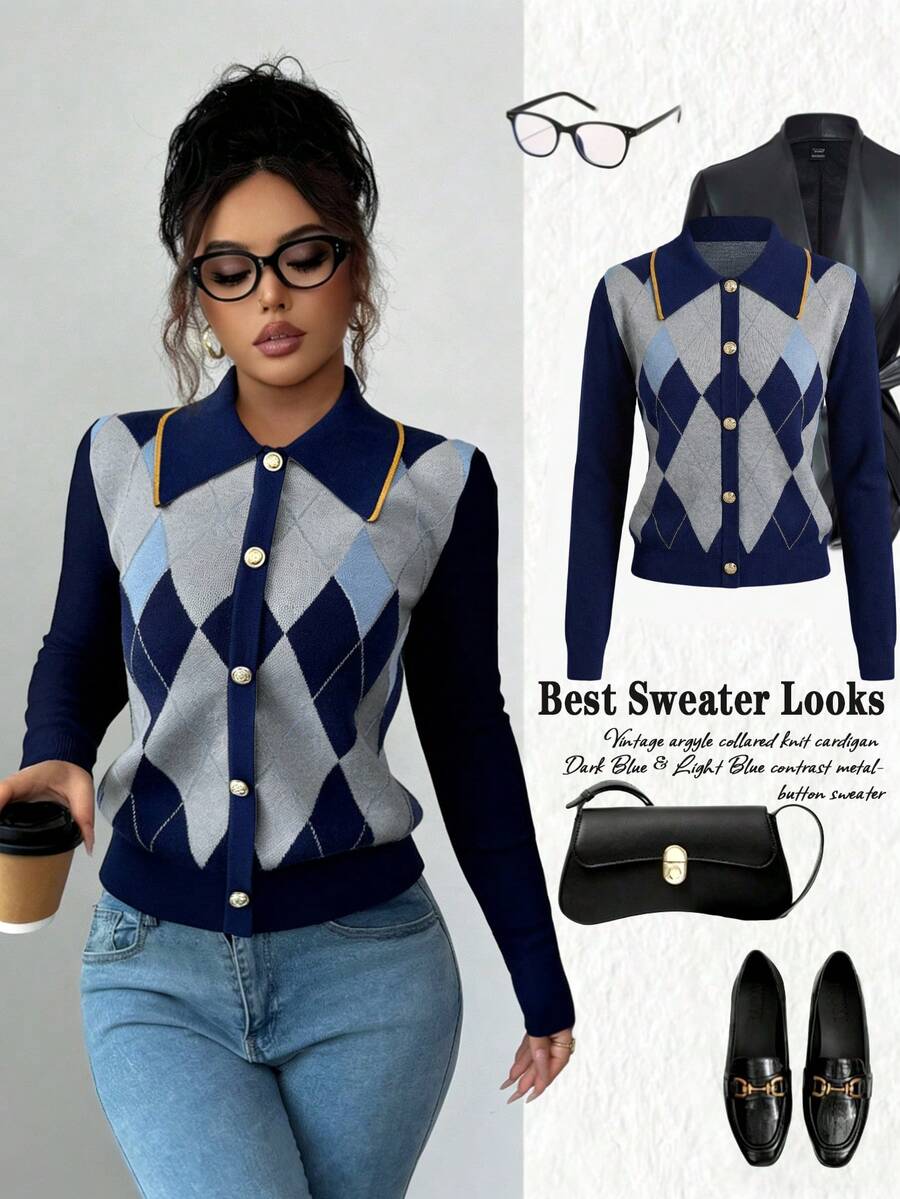 Elenzga Elegant Blue & White Argyle Pattern Turndown Collar Faux Placket Long Sleeve Knit Sweater, Suitable For Commuting And Everyday Wear, Autumn/Winter - Blue - View 1