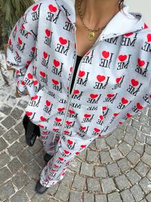 Muchica 灰色爱心字母印花连帽卫衣