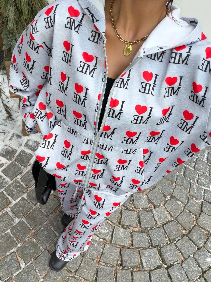 Muchica 灰色爱心字母印花连帽卫衣