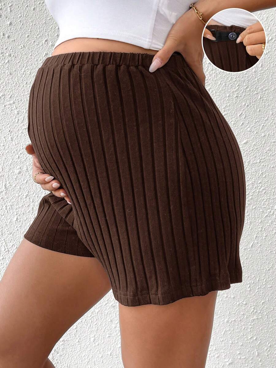 SHEIN Maternity Casual Solid Color High Waist Shorts, Summer - Brown - View 1