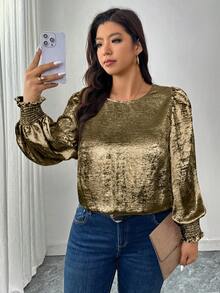 SHEIN LUNE 圆领金属箔泡泡袖衬衫 - 金色 - 查看 4