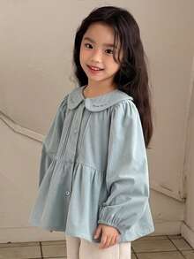 DAZY 女童彼得潘领荷叶边下摆花卉刺绣长袖衬衫，春秋季 - 藍色 - 查看 1