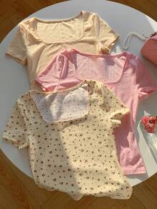Comfortcana 3pcs/Set Women's Basic Crew Neck Short Sleeve T-Shirts,Coffee Brown & Pink,Beige,Summmer,Elegant,Everyday,Y2k Casual Cute Tops For Spring Vacation - Multicolor - View 3