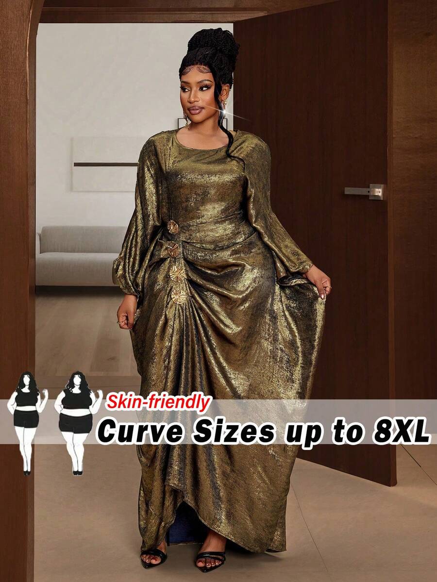 SHEIN CURVE+ 大码女士优雅宽松蝙蝠袖衬衫，适合正式场合 - 金色 - 查看 1