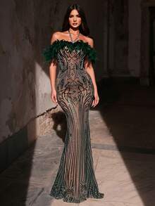 Glamrae 优雅奢华的珠饰亮片花卉露肩鱼尾裙，适合婚礼、派对、度假、晚宴、正式场合（重工装饰） - 草綠色 - 查看 1