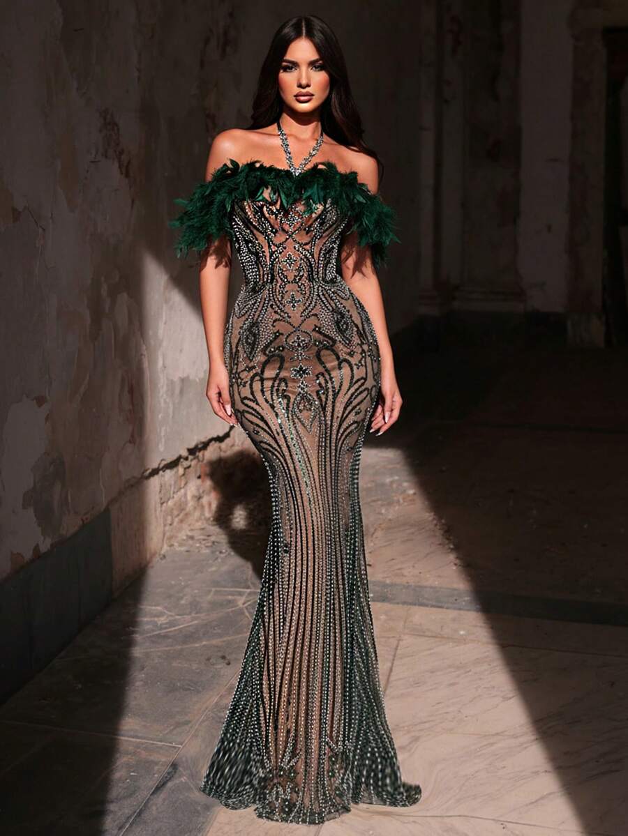 Glamrae 优雅奢华的珠饰亮片花卉露肩鱼尾裙，适合婚礼、派对、度假、晚宴、正式场合（重工装饰） - 草綠色 - 查看 1