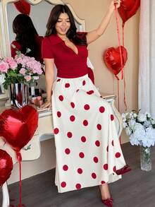 Vionelle Women's Elegant Polka Dot Knitted Short Sleeve Crop Tee And Skirt Two Piece Set - Burgundy - View 7