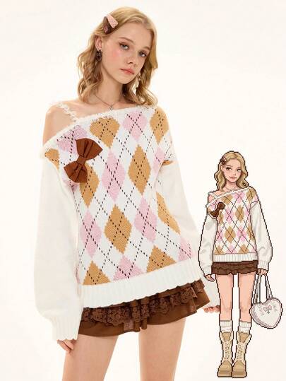 ROMWE Avant Vintage Sweetheart Diamond Lace Patchwork Asymmetric Shoulder Fitted Women Knit Top