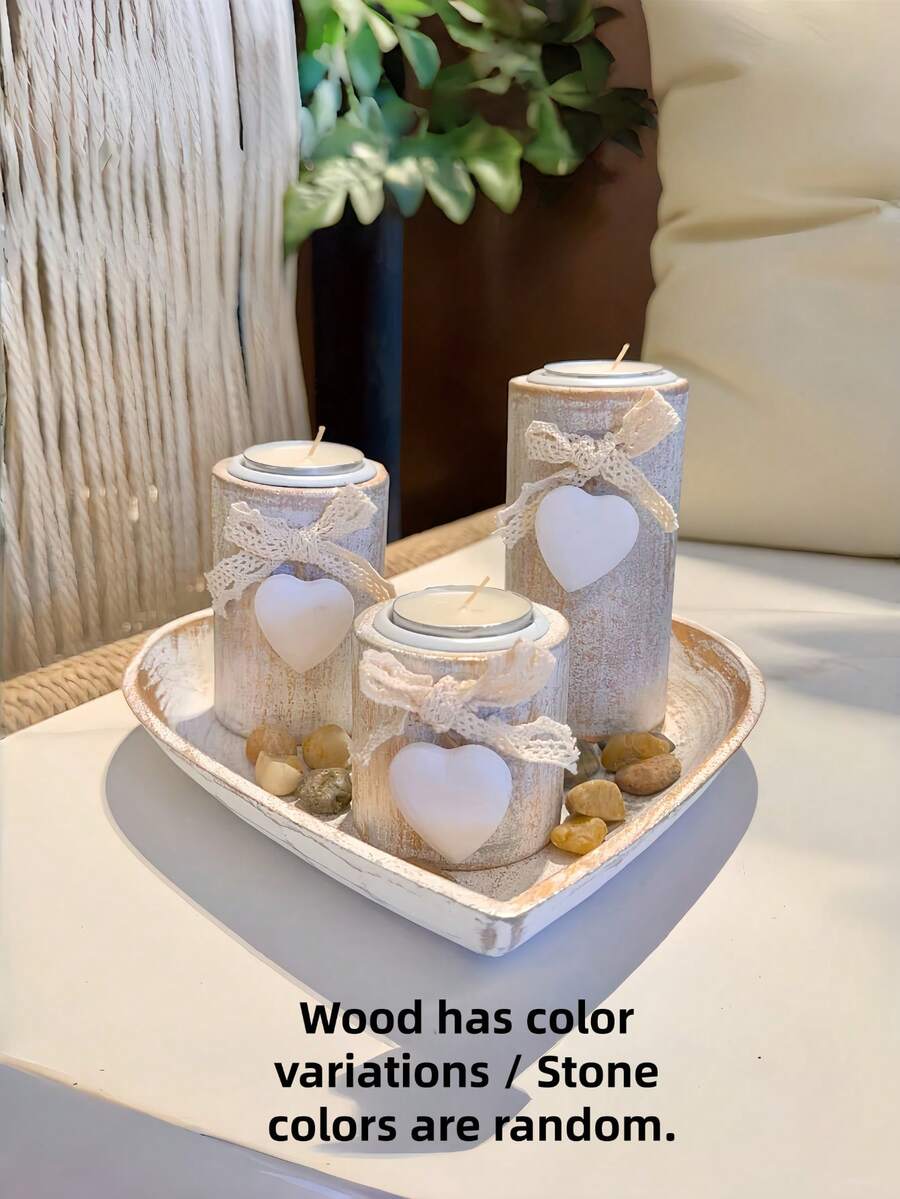 Weißer Holz Kerzenhalter Set, Teelichthalter, süße dekorative Holzschale mit Teelichthaltern und dekorativen Steinen für gemütliche Atmosphäre, Holz Kerzenständer Hochzeit Jahrestag Muttertags Geschenk, Party Dekoration - Weißes Kerzenhalter-Set - Übersicht 1